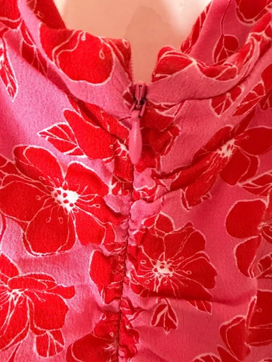Zara Women's Pink Red Floral Twisted Bodice Mini Dress Spaghetti Strap M New - Picture 3 of 5